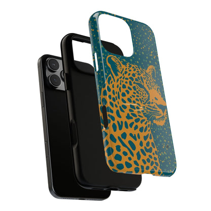 Leopard Print Tough Phone Case — Gold Panther on Teal, Protective iPhone Cover