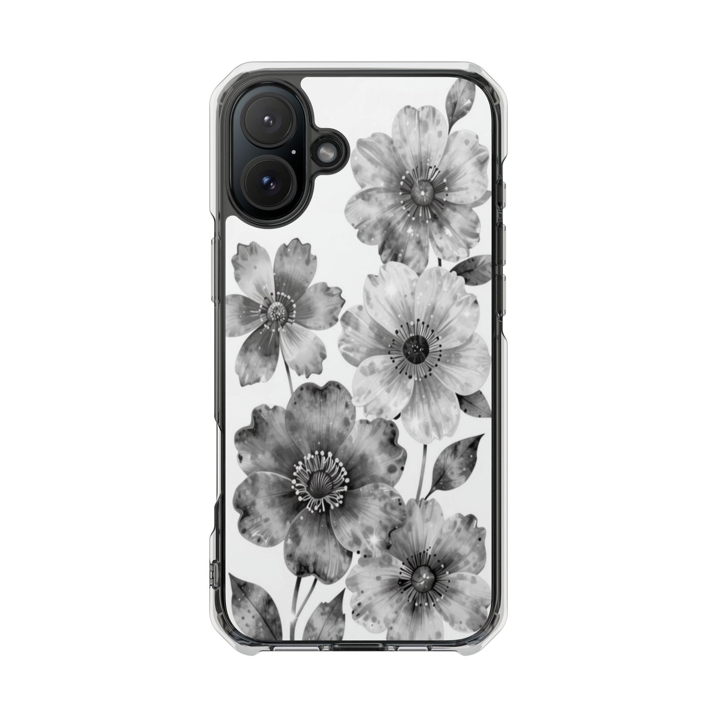 Clear Magnetic Phone Case — Black & White Watercolor Floral Design