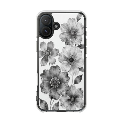 Clear Magnetic Phone Case — Black & White Watercolor Floral Design