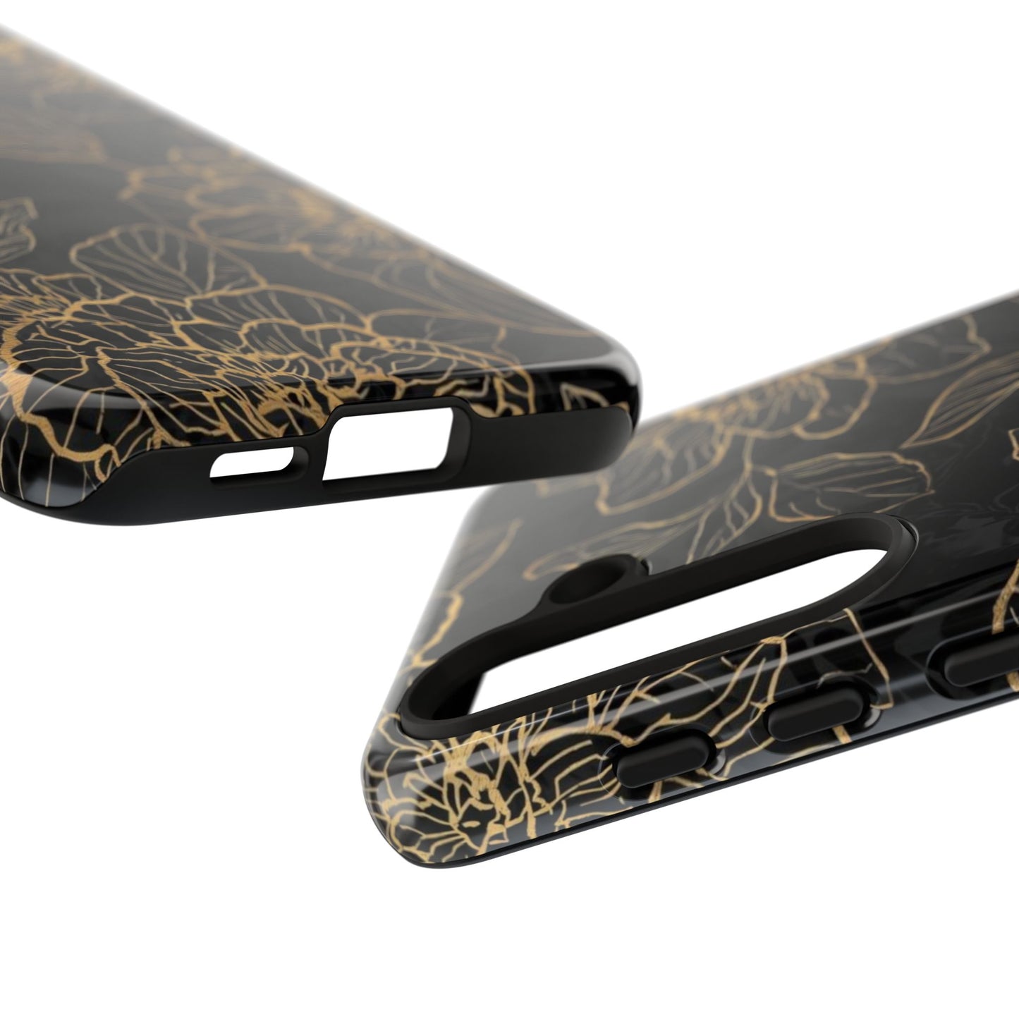 Floral Gold Outline Tough Phone Case – Black Botanical Protective Cover