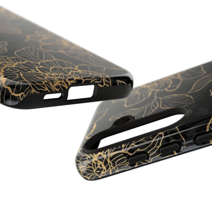 Floral Gold Outline Tough Phone Case – Black Botanical Protective Cover