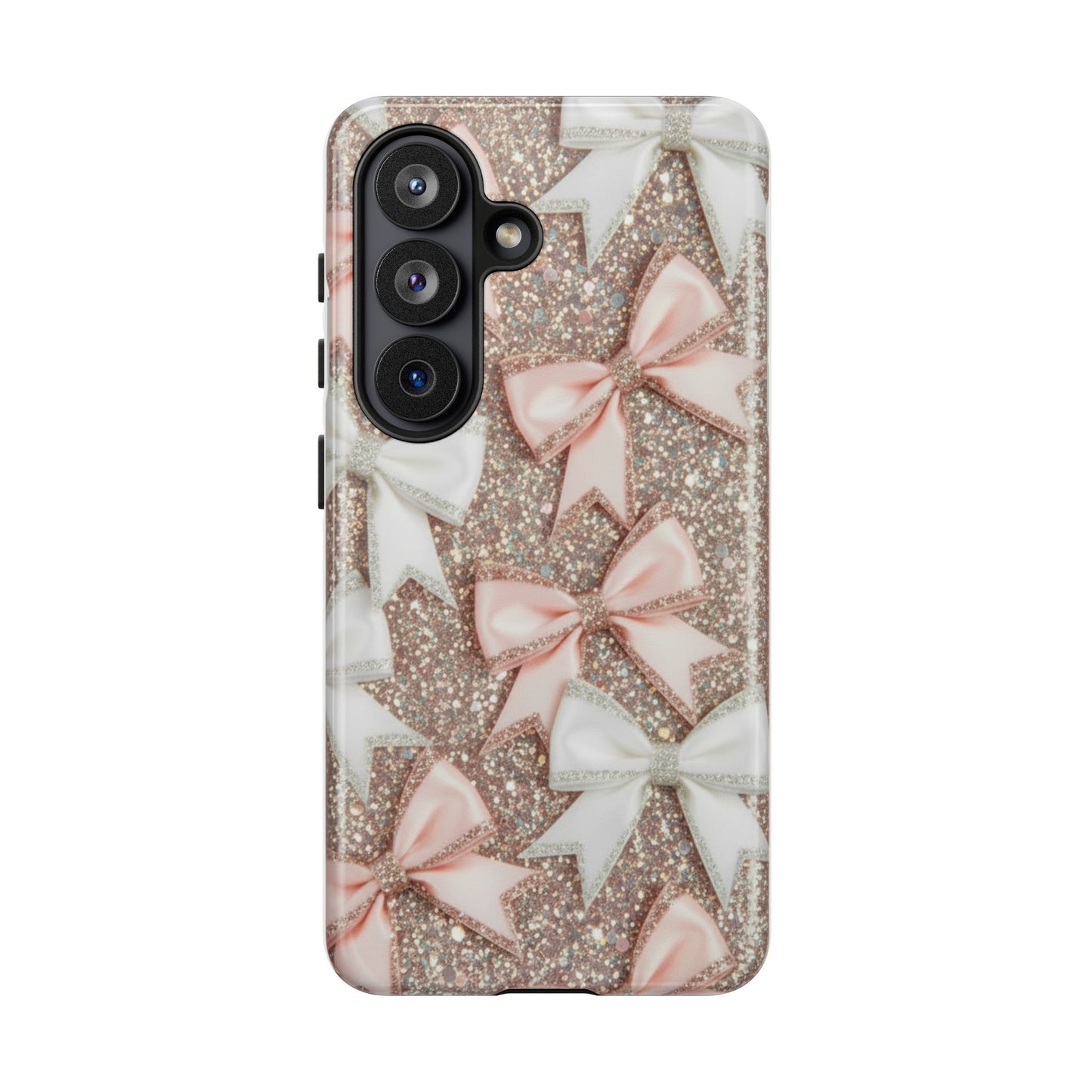 Glitter Bow Tough Phone Case — Pink & White Ribbon Protective Cover