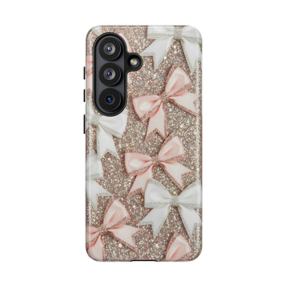 Glitter Bow Tough Phone Case — Pink & White Ribbon Protective Cover