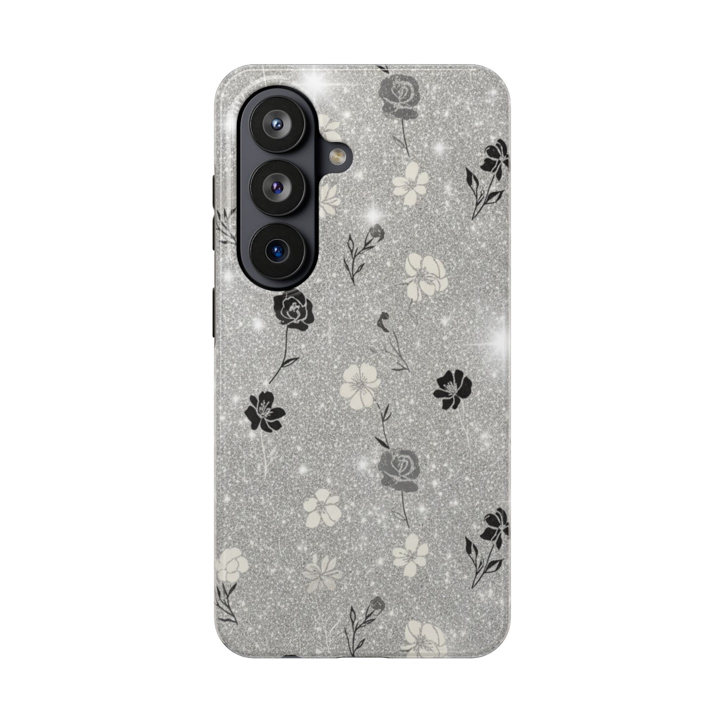 Floral Glitter Tough Phone Case — Black & Silver Vintage Flower Protective Cover