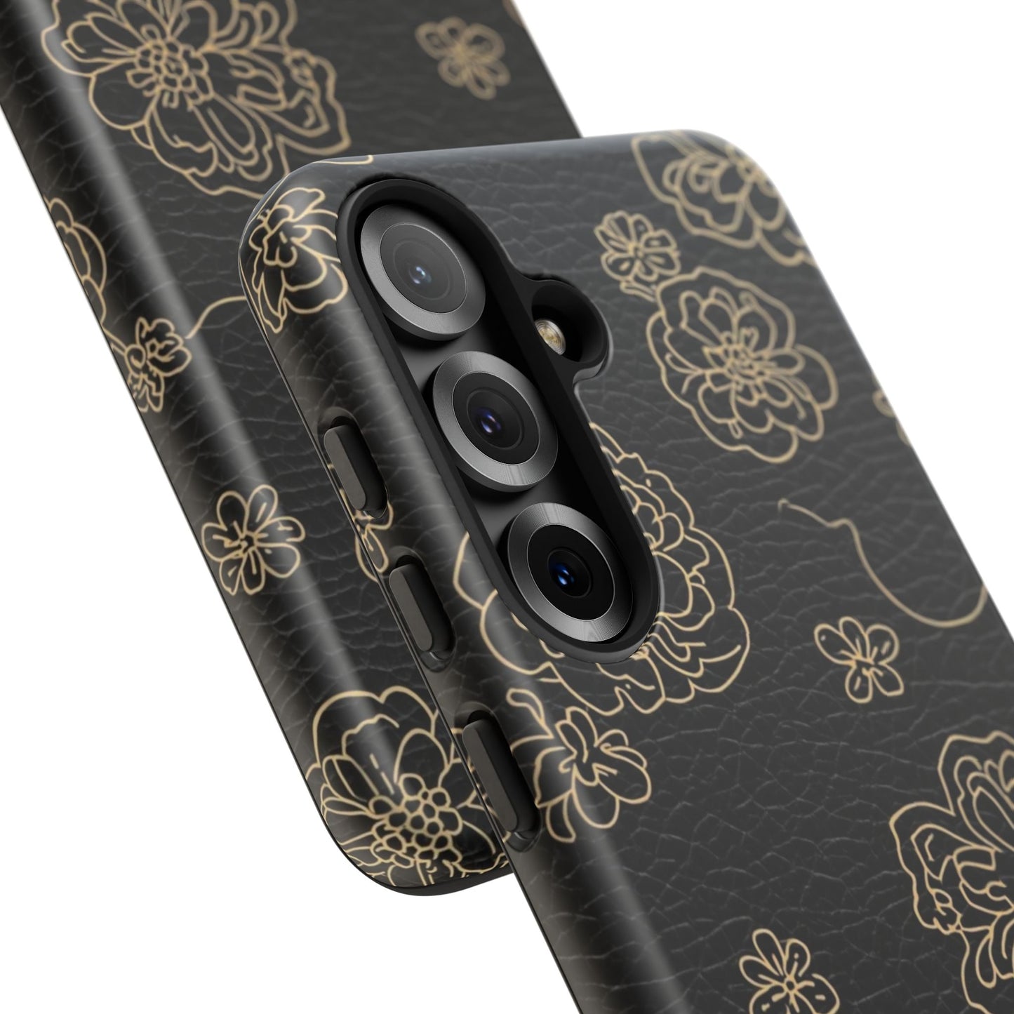 Floral Leather-Texture Tough Case – Black Gold Outline Phone Cover