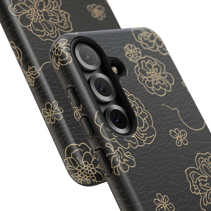 Floral Leather-Texture Tough Case – Black Gold Outline Phone Cover