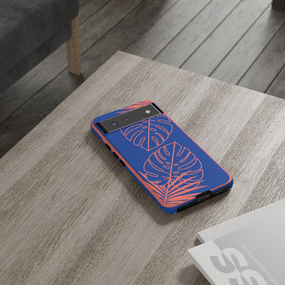 Tropical Monstera Phone Case — Blue & Coral Leaf Protective Cover