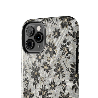Floral Vintage Tough Phone Case — Black & Gray Rustic Flower Protective Case