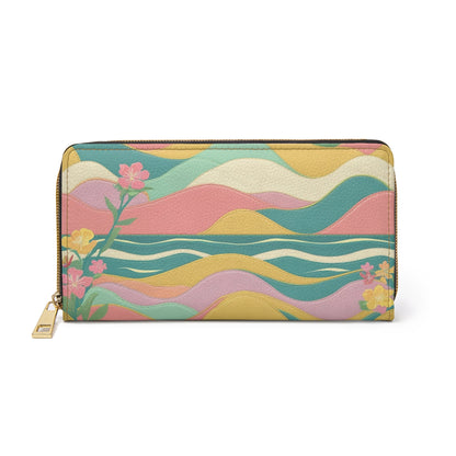 Zipper Wallet — Pastel Wave Floral Zip Wallet, Retro Sunrise Pattern