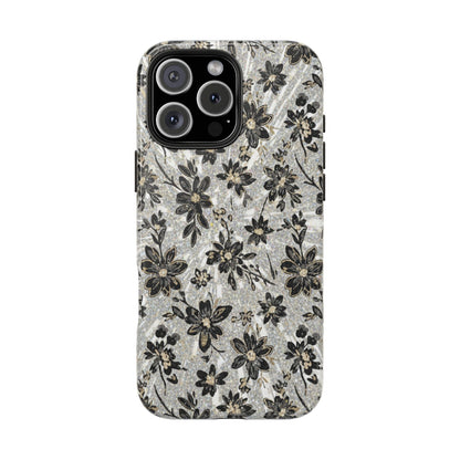 Floral Vintage Tough Phone Case — Black & Gray Rustic Flower Protective Case