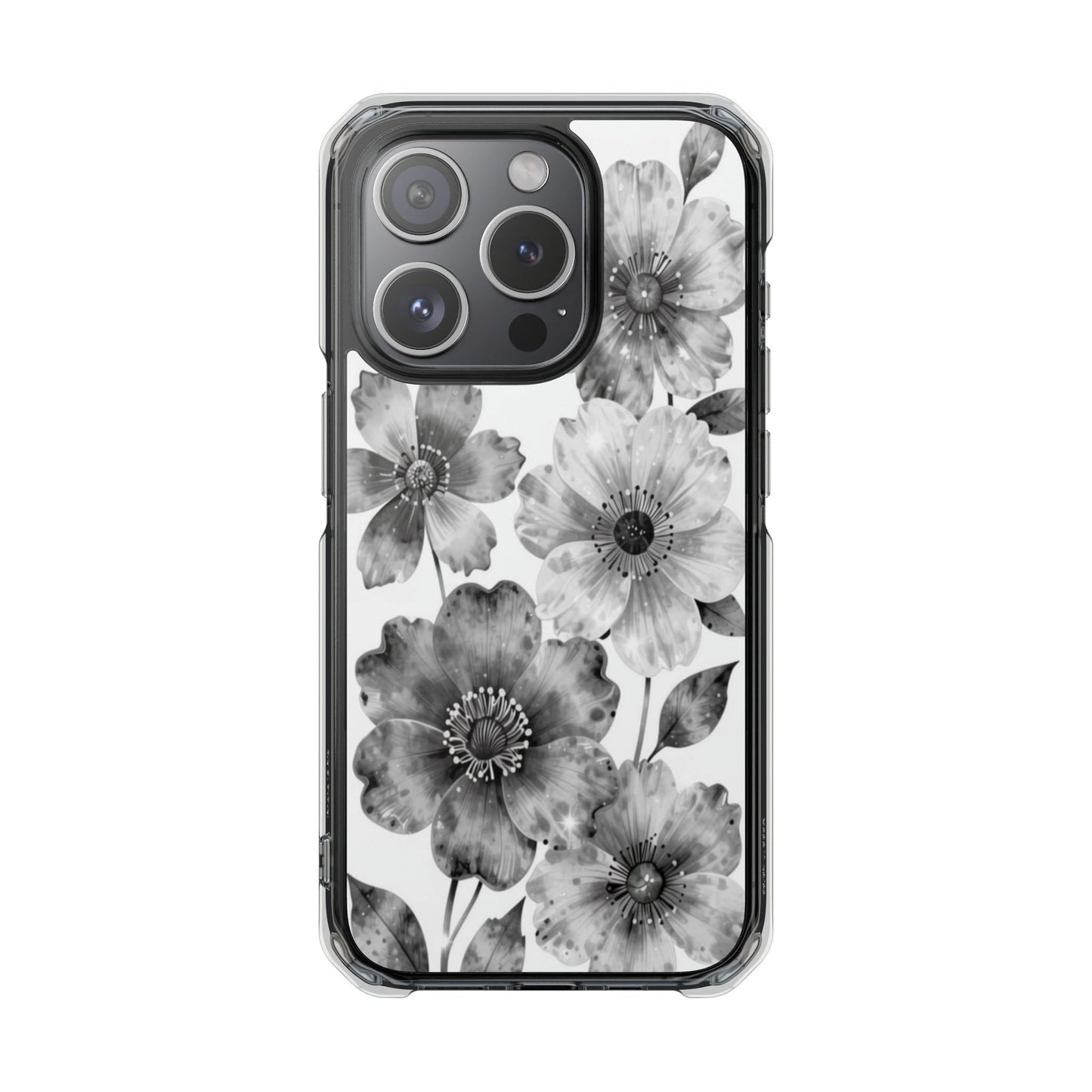 Clear Magnetic Phone Case — Black & White Watercolor Floral Design