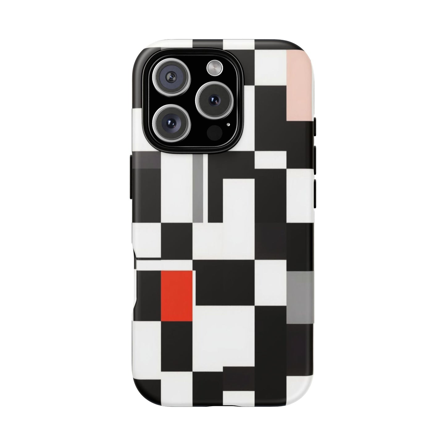 Abstract Geometric Phone Case – Black & White Checker Grid with Red Accent