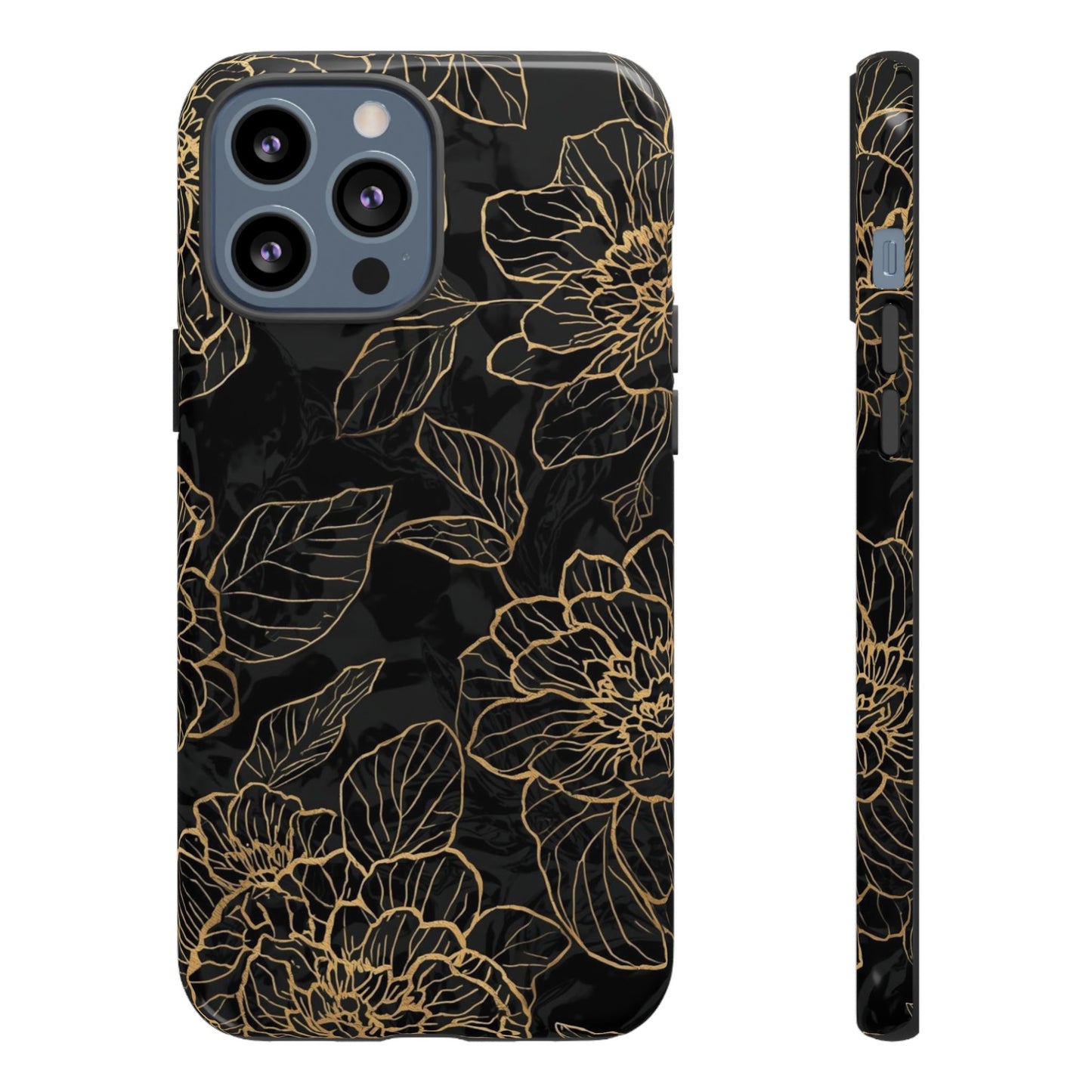 Floral Gold Outline Tough Phone Case – Black Botanical Protective Cover