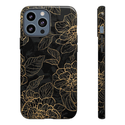 Floral Gold Outline Tough Phone Case – Black Botanical Protective Cover