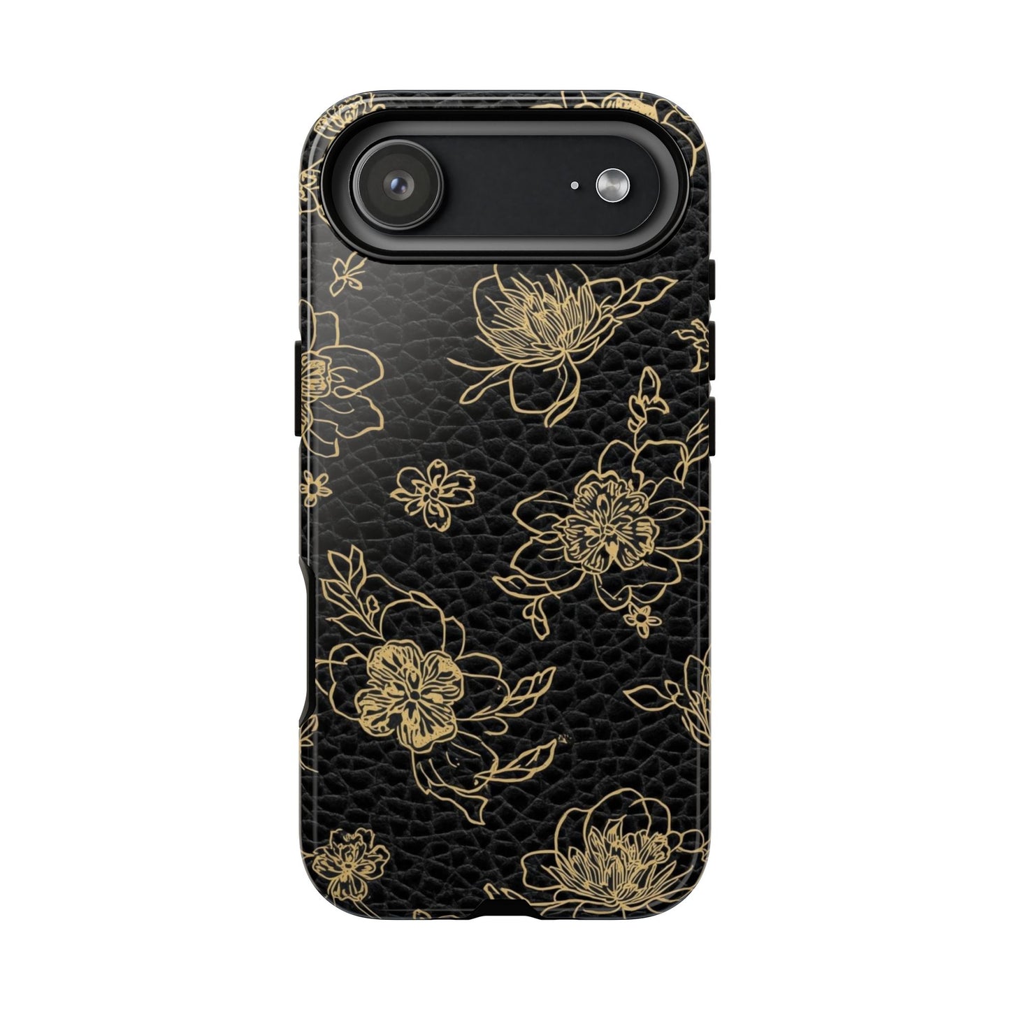 Floral Leather Phone Case — Gold Outline Flowers on Black Tough Case