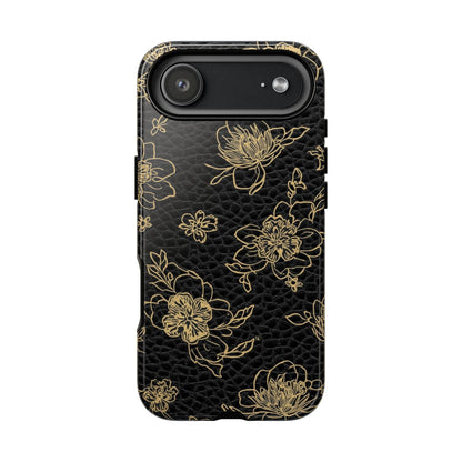 Floral Leather Phone Case — Gold Outline Flowers on Black Tough Case