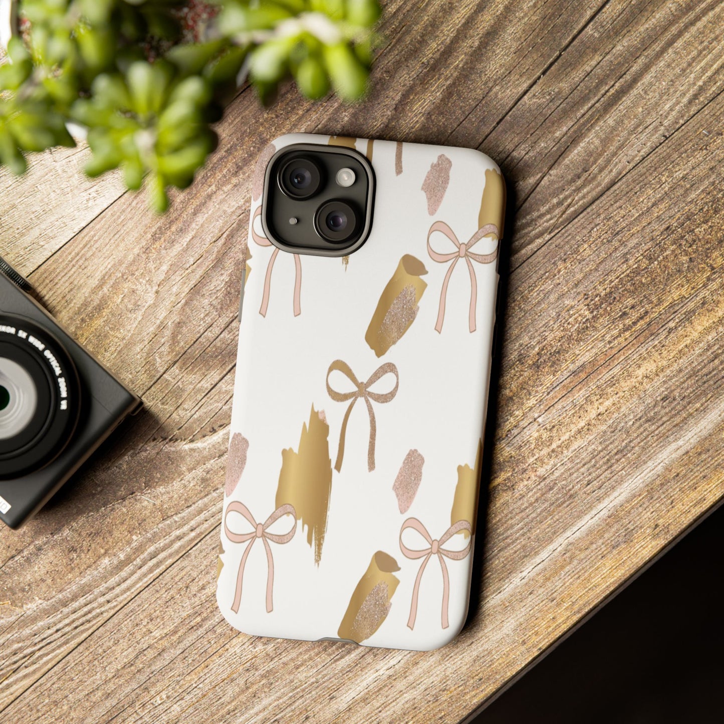 Phone Case — Gold Brushstroke & Blush Bow Pattern