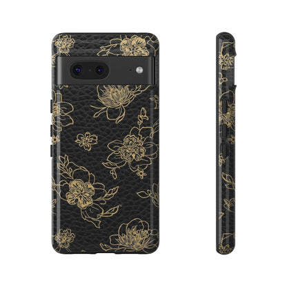 Floral Leather Phone Case — Gold Outline Flowers on Black Tough Case