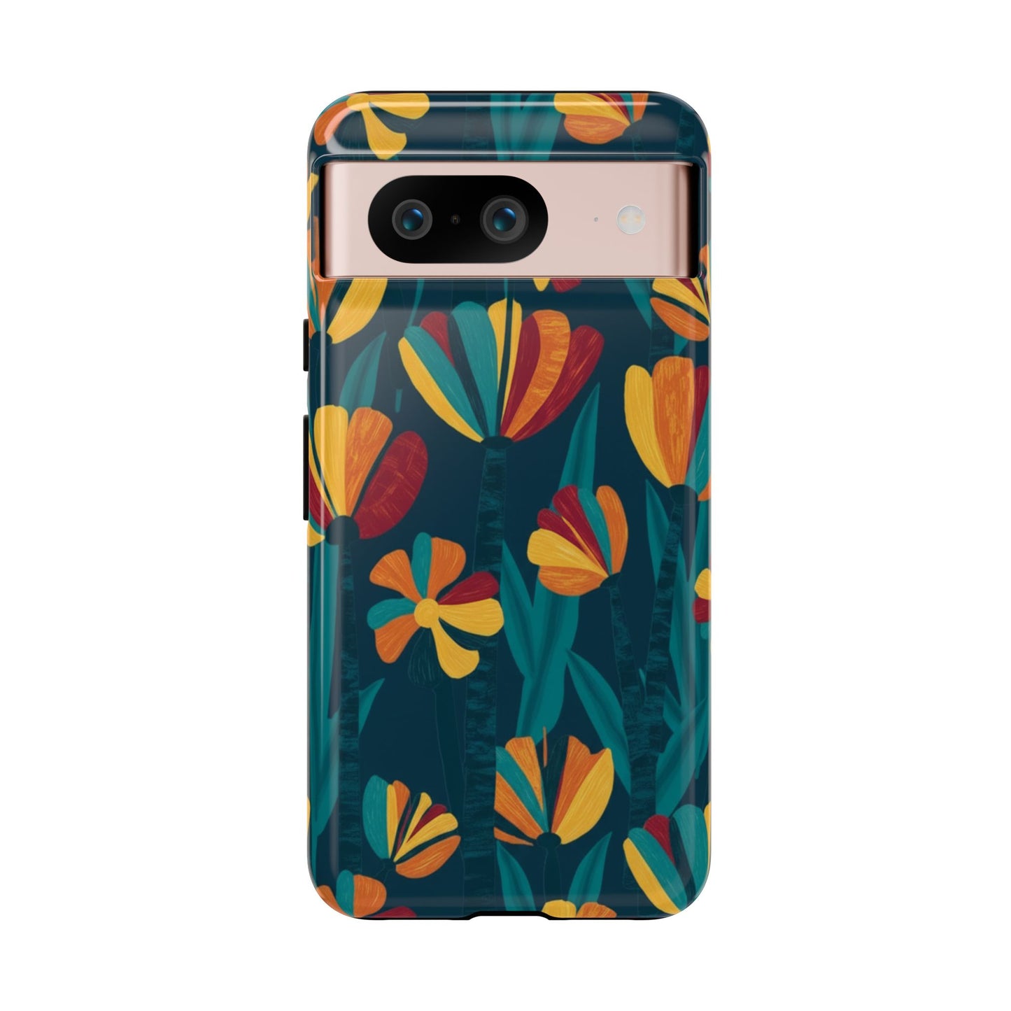 Floral Retro Teal Tough Phone Case — Vibrant Orange & Mustard Blooms
