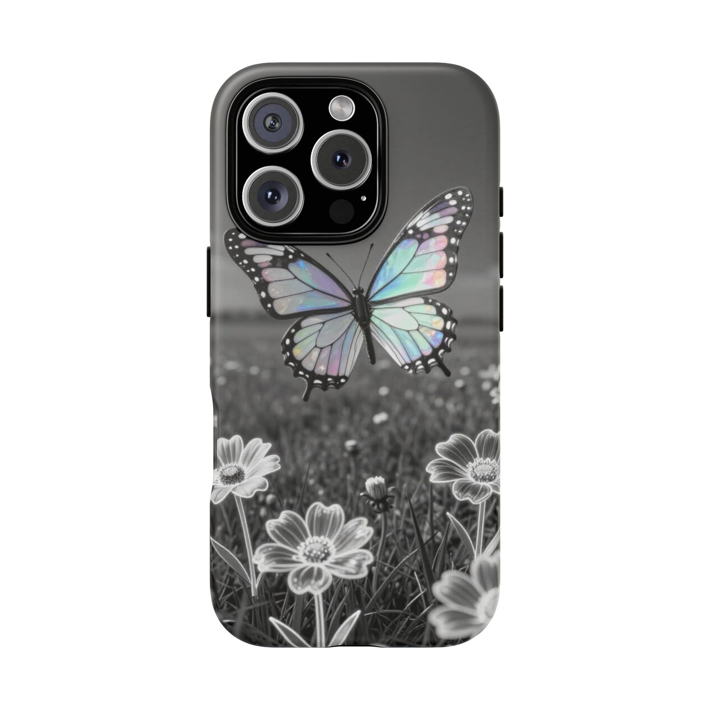 Butterfly Field Tough Phone Case — Pastel Holographic Butterfly on Black & White Floral Background