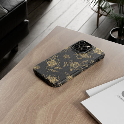 Floral Leather Phone Case — Gold Outline Flowers on Black Tough Case