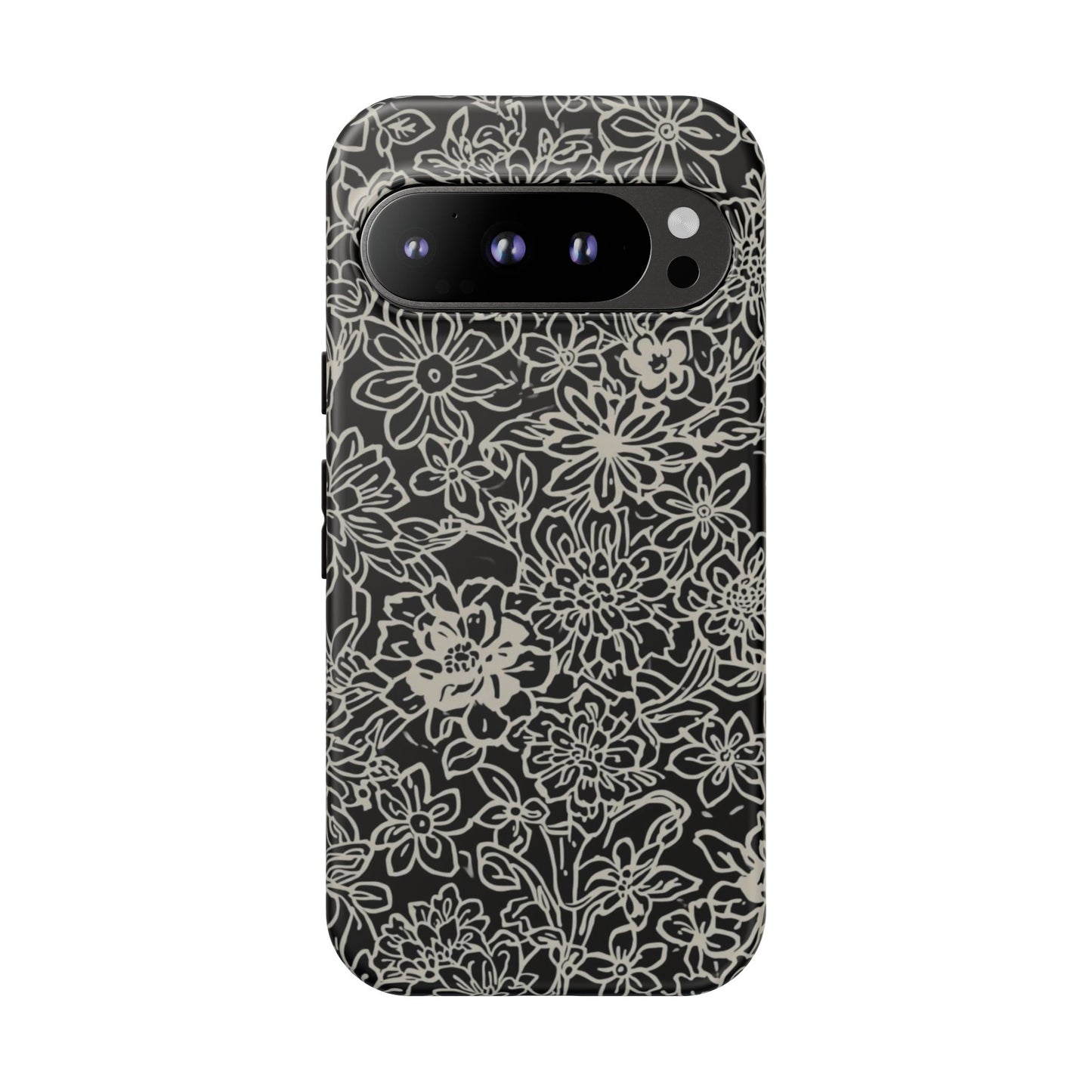 Floral Doodle Tough Phone Case — Black & White Sketch Flower Protective Cover
