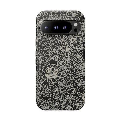 Floral Doodle Tough Phone Case — Black & White Sketch Flower Protective Cover