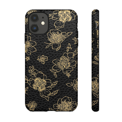 Floral Leather Phone Case — Gold Outline Flowers on Black Tough Case