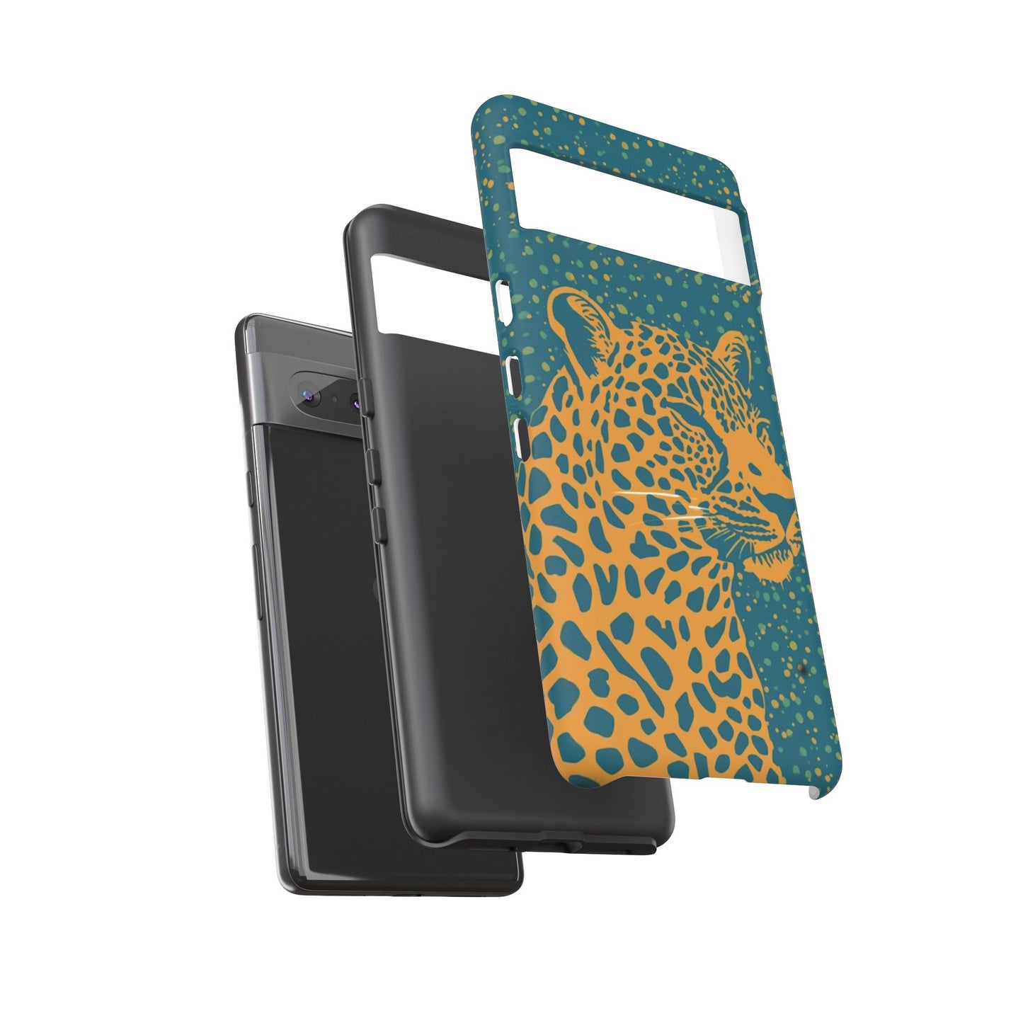 Leopard Print Tough Phone Case — Gold Panther on Teal, Protective iPhone Cover