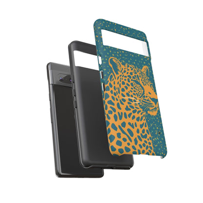 Leopard Print Tough Phone Case — Gold Panther on Teal, Protective iPhone Cover