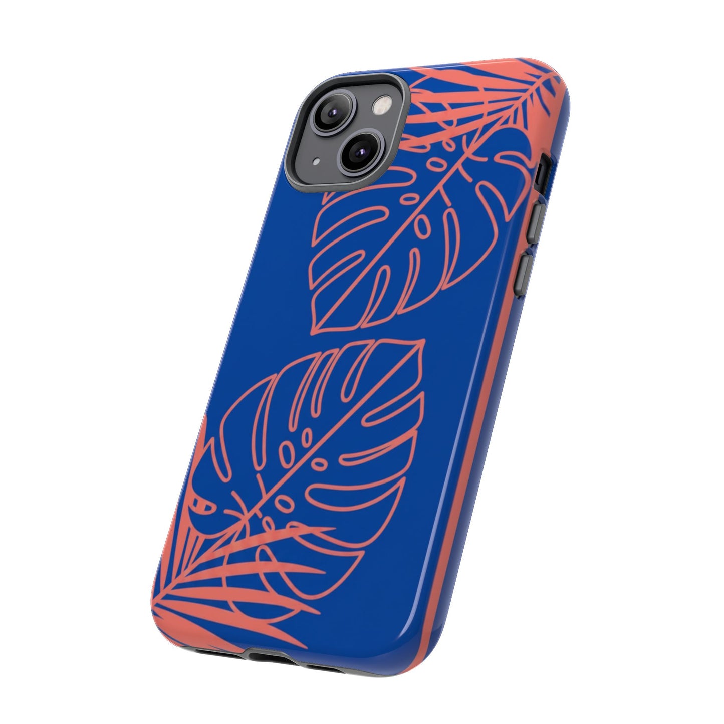 Tropical Monstera Phone Case — Blue & Coral Leaf Protective Cover