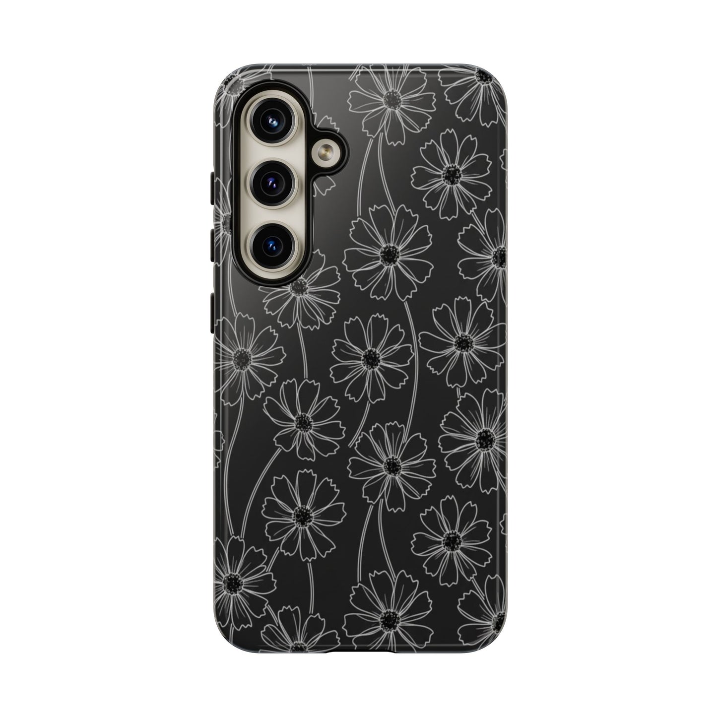 Floral Doodle Tough Phone Case — Black & Gray Daisy Pattern