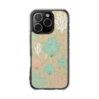 Clear Magnetic Phone Case — Pastel Seashell & Coral Beach Design