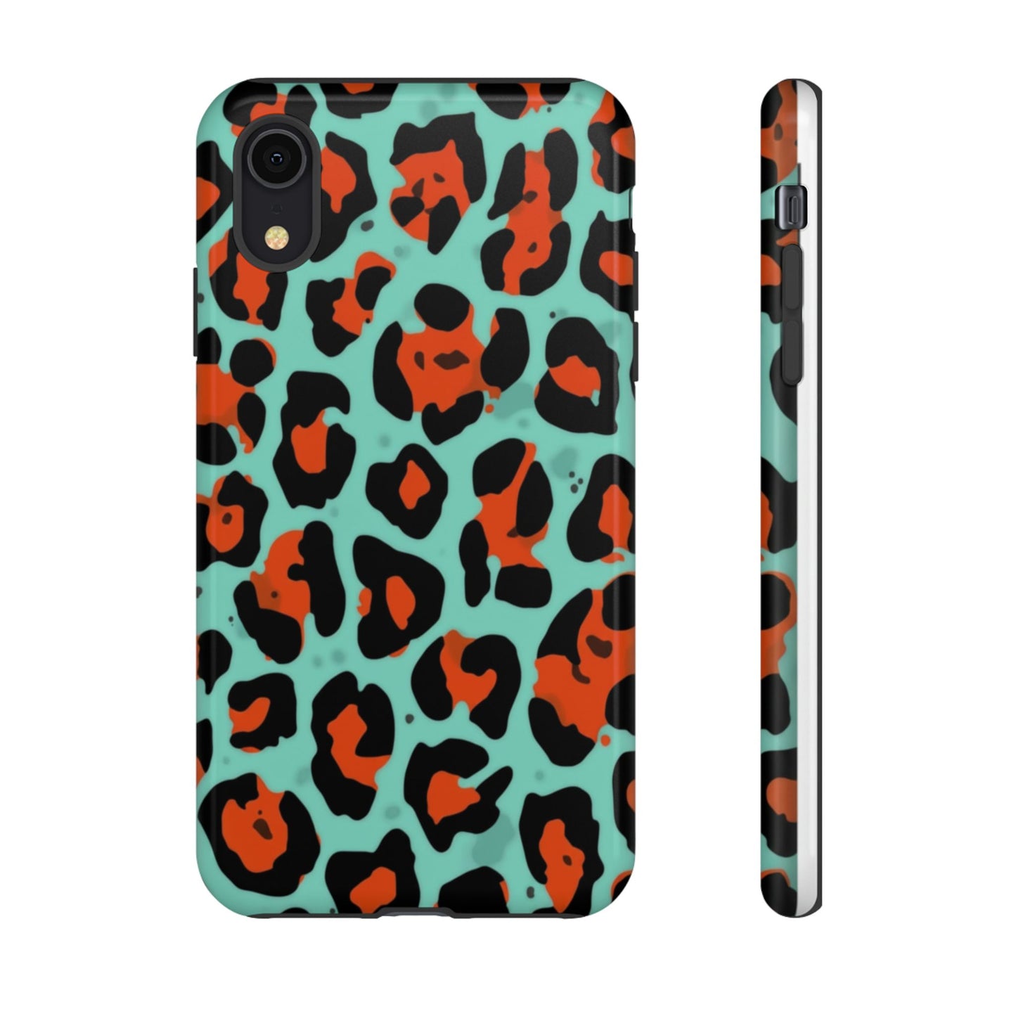Leopard Print Tough Phone Case — Teal & Rust Protective iPhone Cover