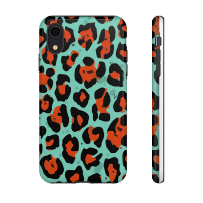 Leopard Print Tough Phone Case — Teal & Rust Protective iPhone Cover