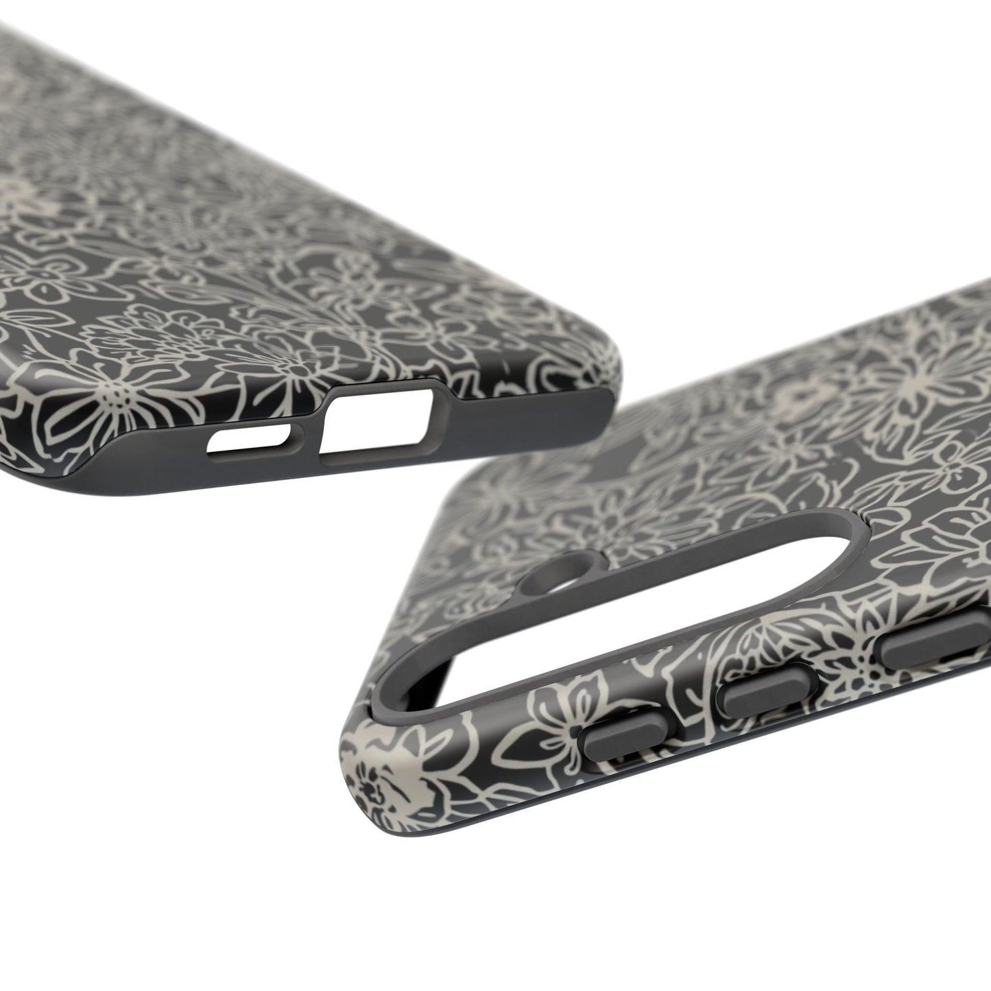 Floral Doodle Tough Phone Case — Black & White Sketch Flower Protective Cover
