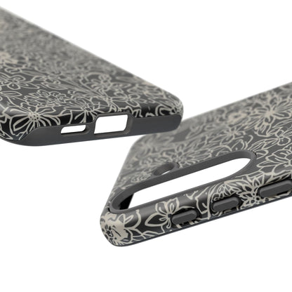 Floral Doodle Tough Phone Case — Black & White Sketch Flower Protective Cover