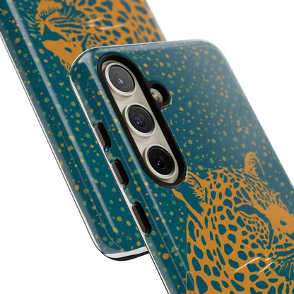 Leopard Spotlight Phone Case — Teal Gold Animal Print Protective Cover