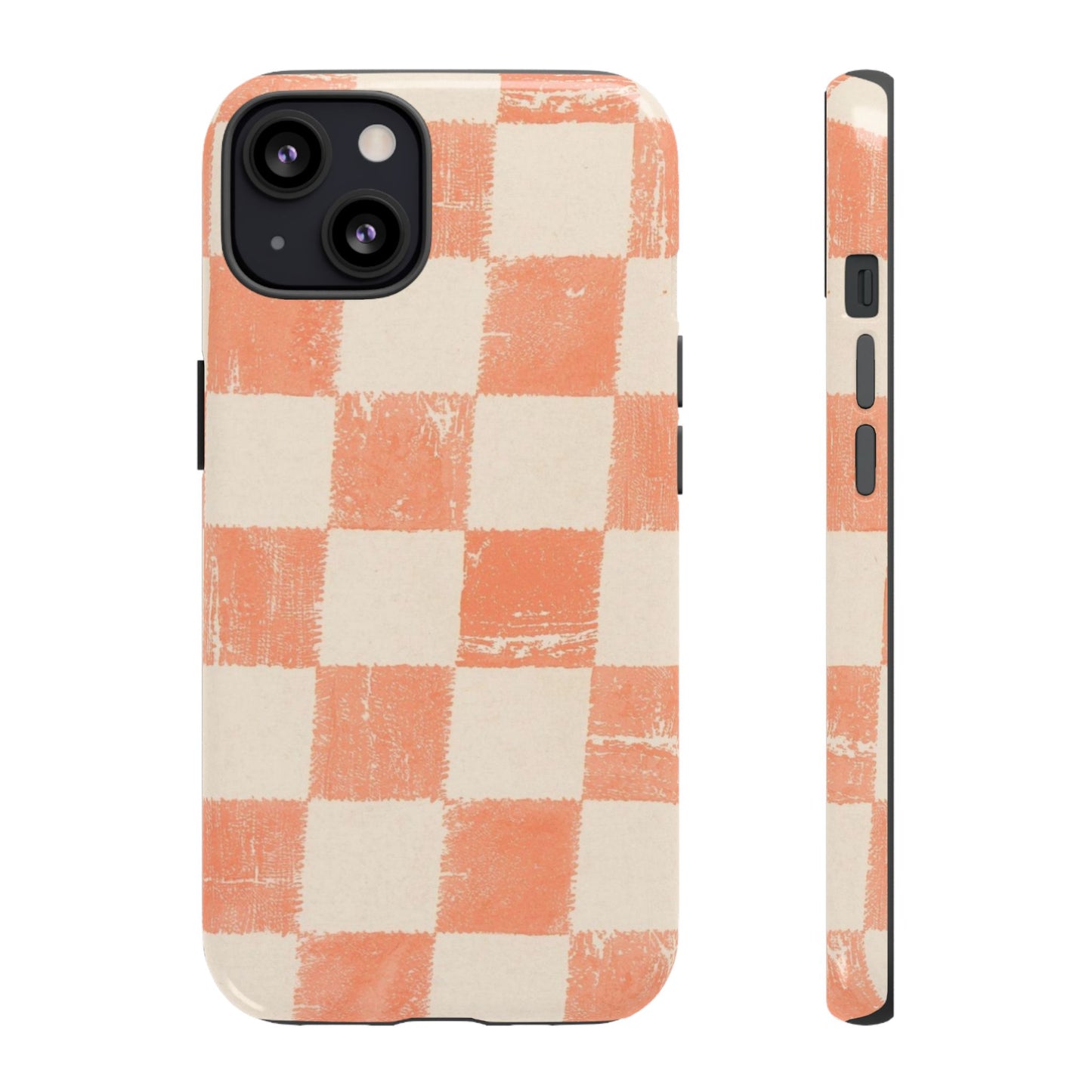 Peach Checkerboard Tough Phone Case — Retro Distressed Grid Design