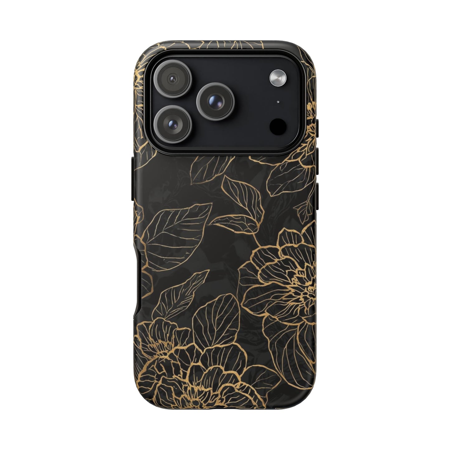 Floral Gold Outline Tough Phone Case – Black Botanical Protective Cover