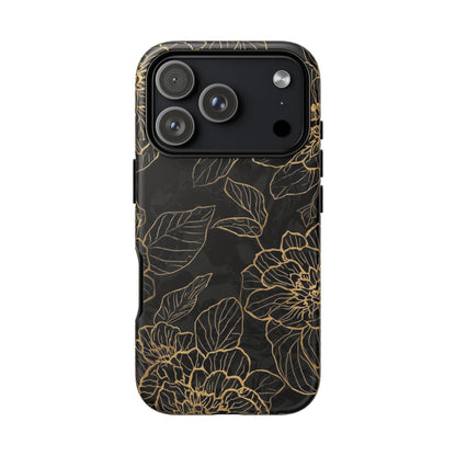 Floral Gold Outline Tough Phone Case – Black Botanical Protective Cover