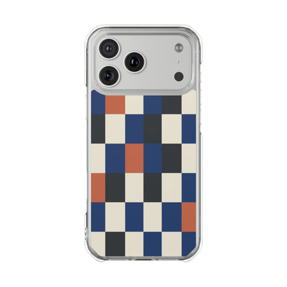 Clear Magnetic Phone Case — Retro Checkerboard Pattern (Blue, Black & Rust)
