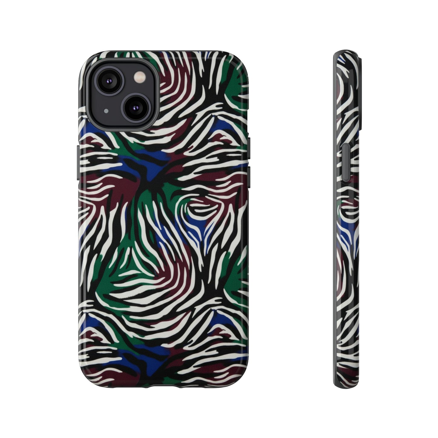 Zebra Camo Tough Phone Case – Green & Blue Animal Print Protective Cover