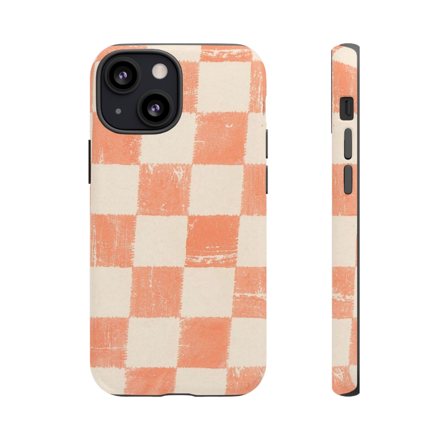 Peach Checkerboard Tough Phone Case — Retro Distressed Grid Design