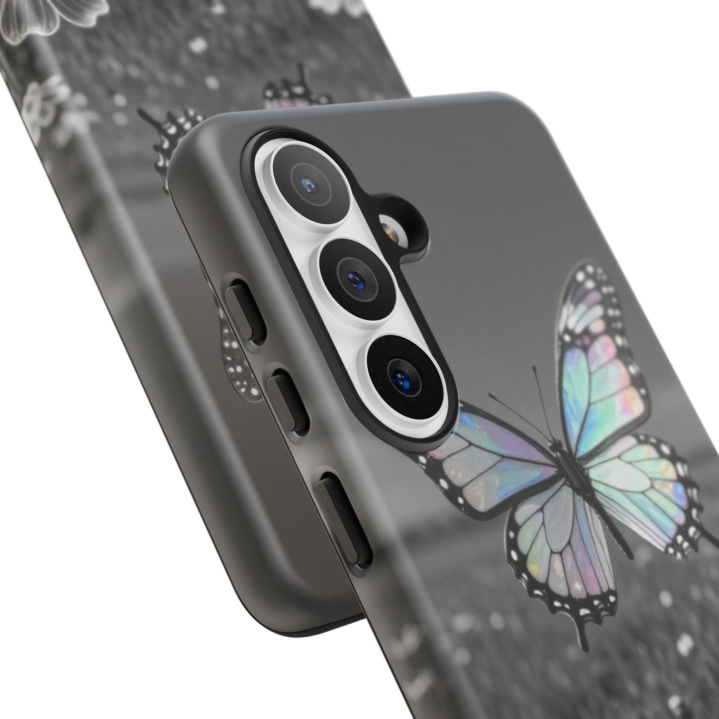 Butterfly Field Tough Phone Case — Pastel Holographic Butterfly on Black & White Floral Background