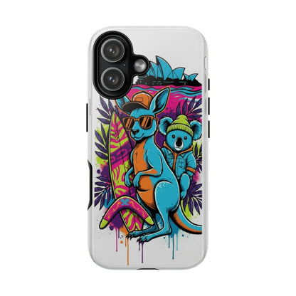 Kangaroo & Koala Surf Phone Case — Retro Neon Beach Art Tough Case