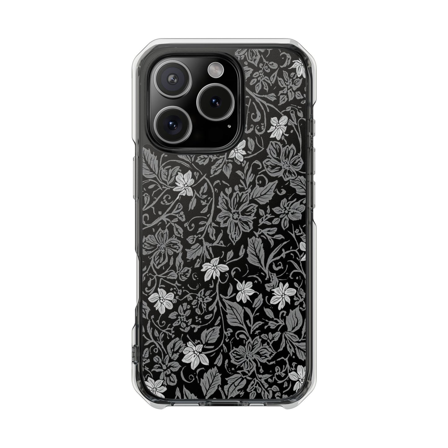 Clear Magnetic Phone Case — Black Floral Vine Design