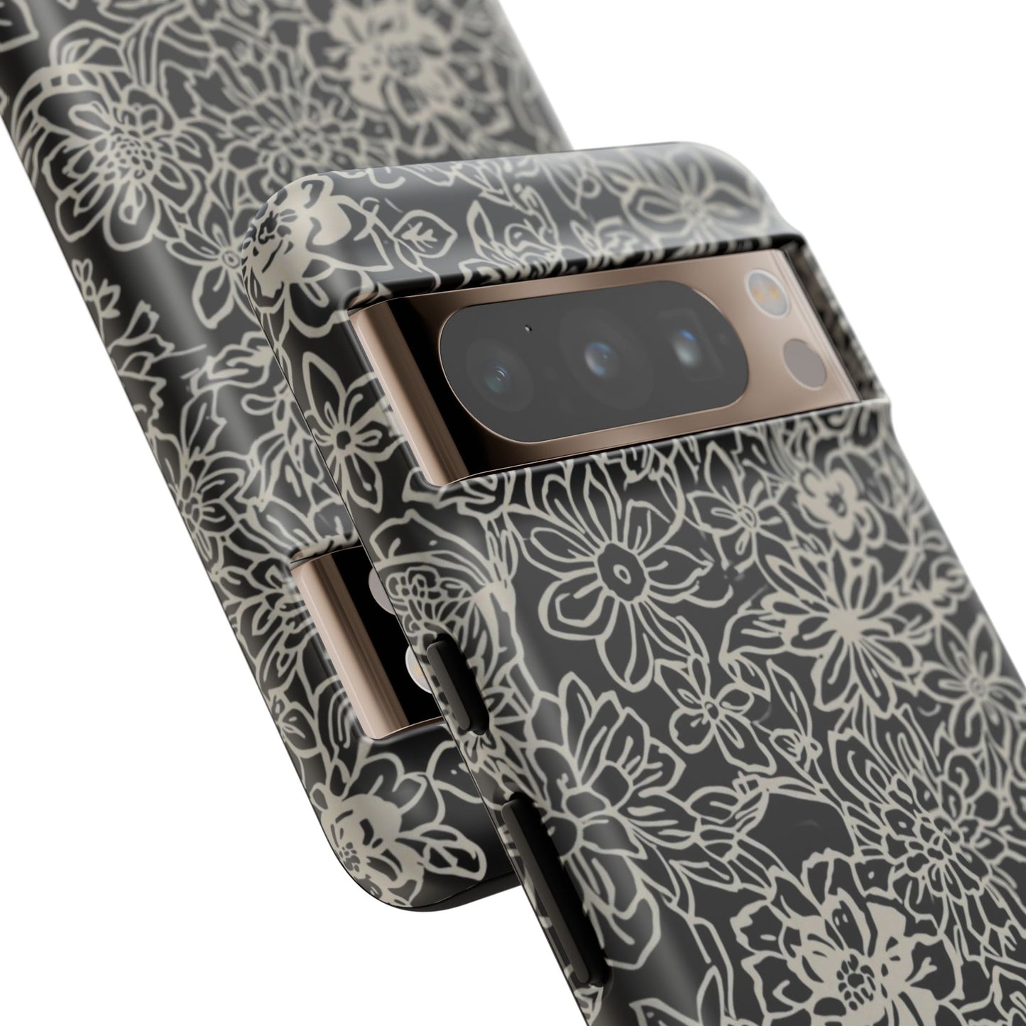 Floral Doodle Tough Phone Case — Black & White Sketch Flower Protective Cover
