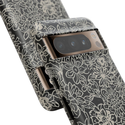 Floral Doodle Tough Phone Case — Black & White Sketch Flower Protective Cover
