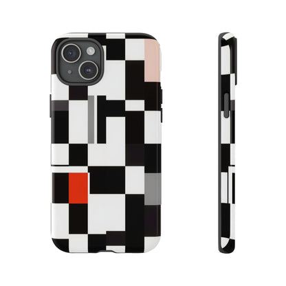 Abstract Geometric Phone Case – Black & White Checker Grid with Red Accent